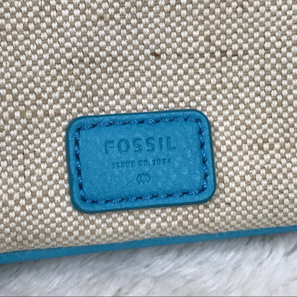 Fossil Blue Tan Canvas Crossbody Purse Handbag - Picture 3 of 8